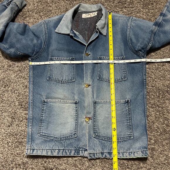 Vintage Thrashed Denim Chore Jacket Lined Barn Coat 70s 80s French Blue S/M - Picture 7 of 10